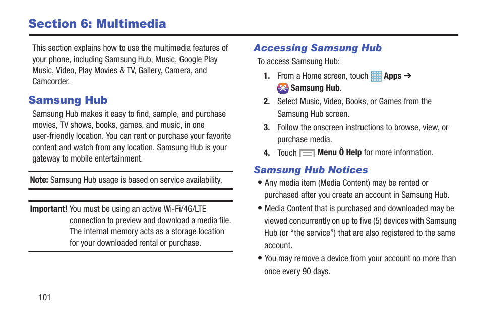 Section 6: multimedia, Samsung hub | Samsung SGH-I317TSAATT User Manual | Page 108 / 226