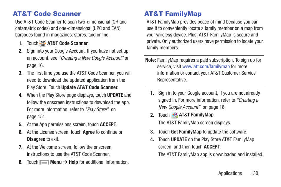 At&t code scanner, At&t familymap, At&t code scanner at&t familymap | Samsung SGH-I317TSAATT User Manual | Page 137 / 226