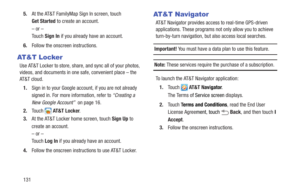 At&t locker, At&t navigator, At&t locker at&t navigator | Samsung SGH-I317TSAATT User Manual | Page 138 / 226