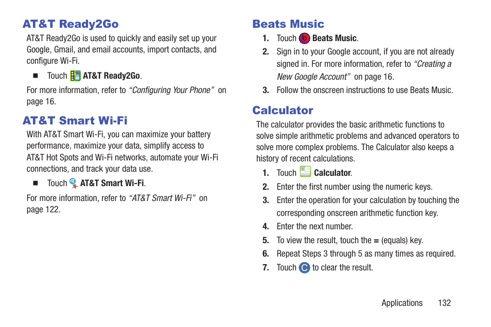 At&t ready2go, At&t smart wi-fi, Beats music | Calculator, At&t ready2go at&t smart wi-fi, Beats music calculator | Samsung SGH-I317TSAATT User Manual | Page 139 / 226