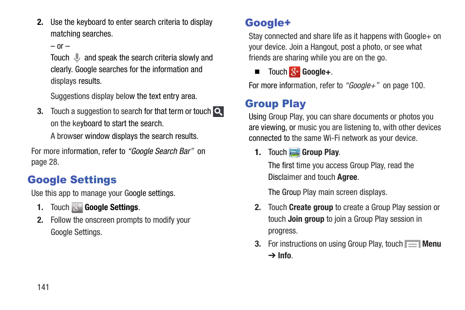 Google settings, Google, Group play | Google settings google+ group play | Samsung SGH-I317TSAATT User Manual | Page 148 / 226