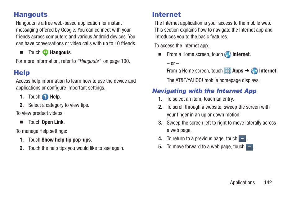 Hangouts, Help, Internet | Hangouts help internet | Samsung SGH-I317TSAATT User Manual | Page 149 / 226