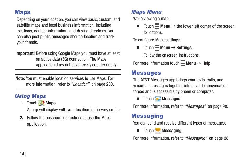 Maps, Messages, Messaging | Messages messaging | Samsung SGH-I317TSAATT User Manual | Page 152 / 226