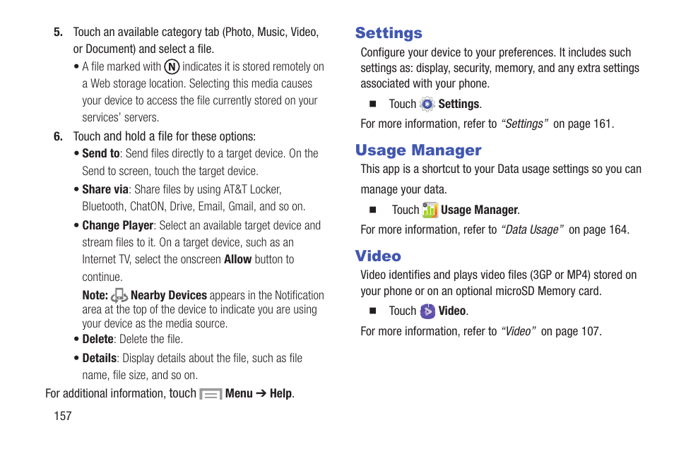 Settings, Usage manager, Video | Settings usage manager video | Samsung SGH-I317TSAATT User Manual | Page 164 / 226