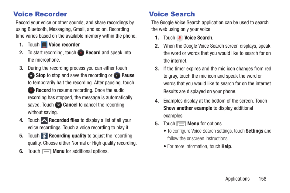 Voice recorder, Voice search, Voice recorder voice search | Samsung SGH-I317TSAATT User Manual | Page 165 / 226