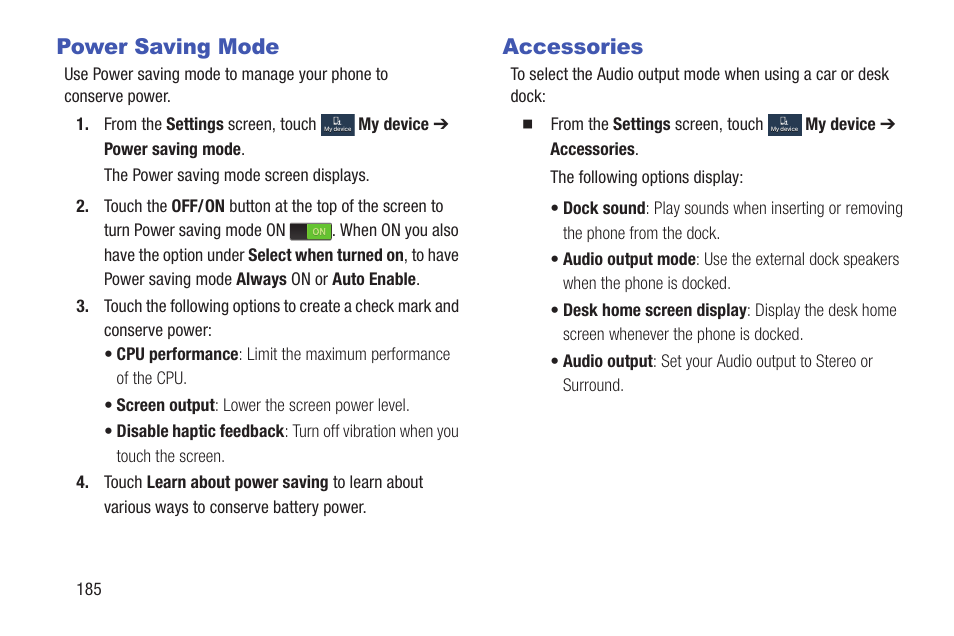 Power saving mode, Accessories, Power saving mode accessories | Samsung SGH-I317TSAATT User Manual | Page 192 / 226