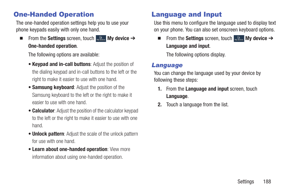 One-handed operation, Language and input, One-handed operation language and input | Language | Samsung SGH-I317TSAATT User Manual | Page 195 / 226