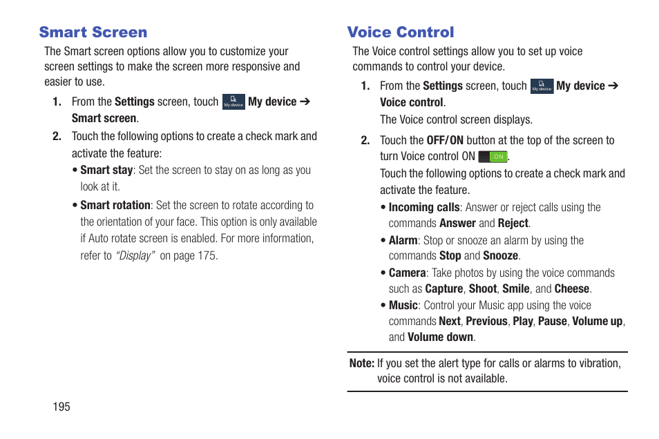 Smart screen, Voice control, Smart screen voice control | Samsung SGH-I317TSAATT User Manual | Page 202 / 226