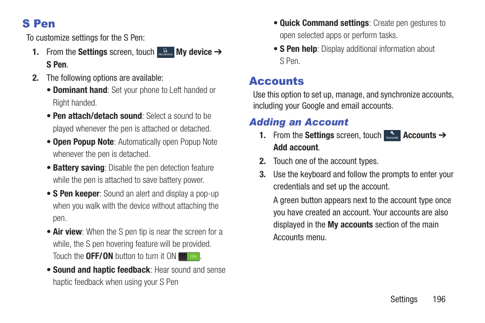 S pen, Accounts, S pen accounts | Samsung SGH-I317TSAATT User Manual | Page 203 / 226