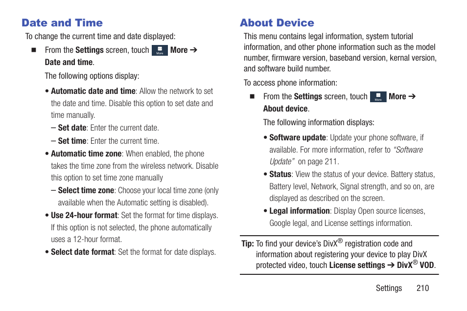 Date and time, About device, Date and time about device | Samsung SGH-I317TSAATT User Manual | Page 217 / 226