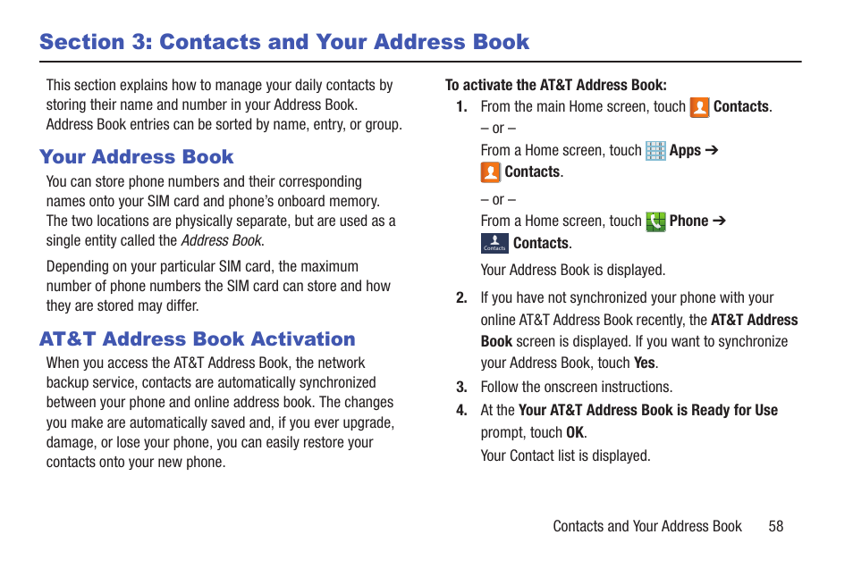 Section 3: contacts and your address book, Your address book, At&t address book activation | Section 3: contacts and your address, Book, Your address book at&t address book activation | Samsung SGH-I317TSAATT User Manual | Page 65 / 226