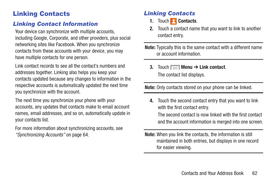 Linking contacts | Samsung SGH-I317TSAATT User Manual | Page 69 / 226