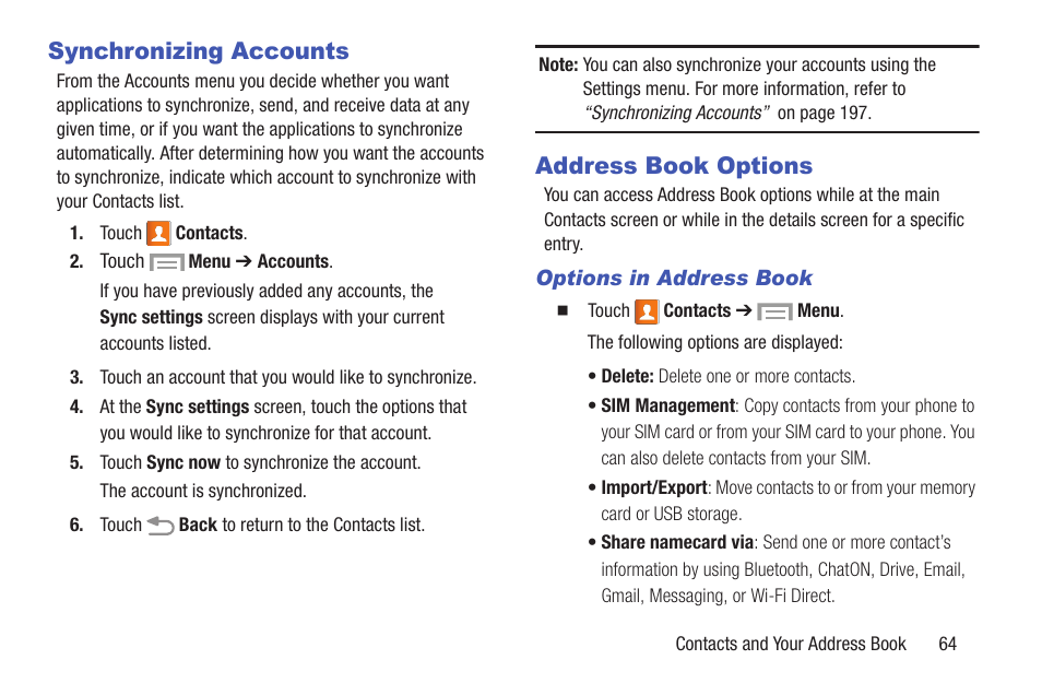 Synchronizing accounts, Address book options, Synchronizing accounts address book options | Samsung SGH-I317TSAATT User Manual | Page 71 / 226