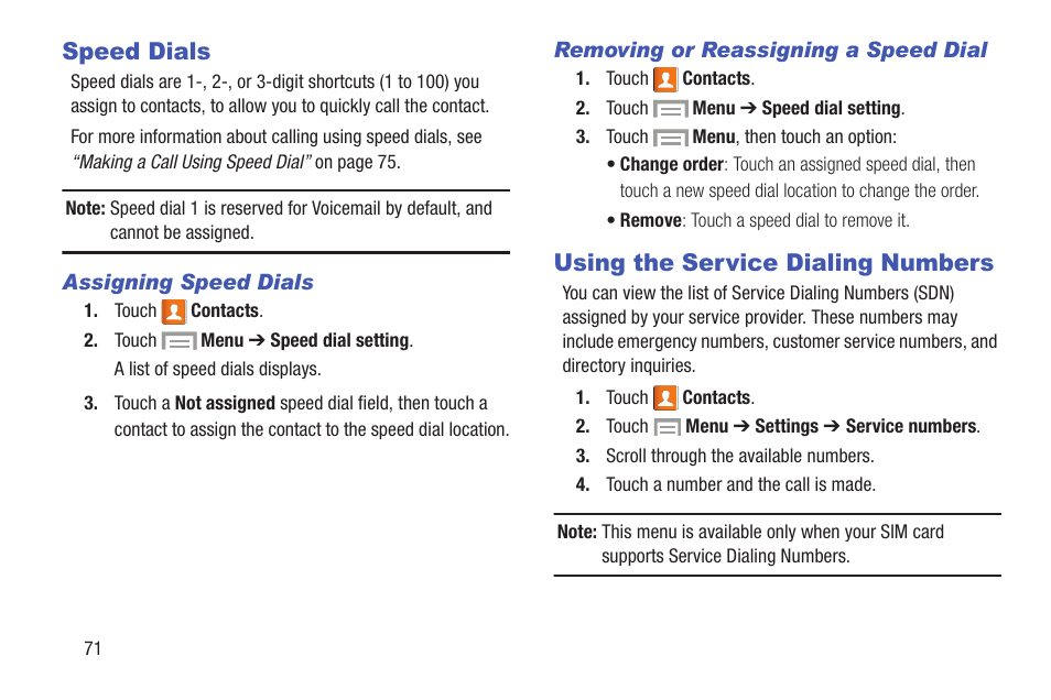 Speed dials, Using the service dialing numbers, Speed dials using the service dialing numbers | Samsung SGH-I317TSAATT User Manual | Page 78 / 226