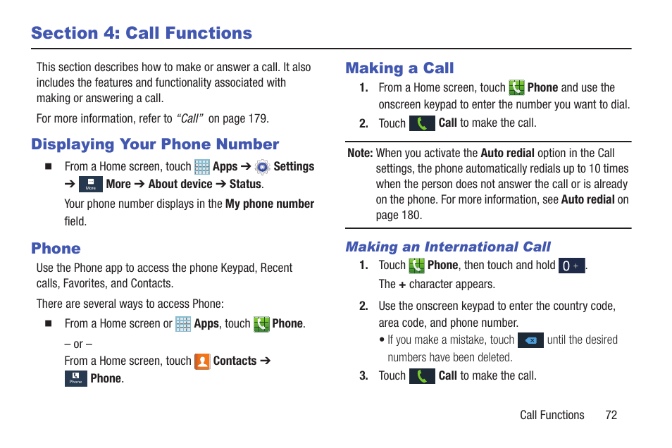 Section 4: call functions, Displaying your phone number, Phone | Making a call, Displaying your phone number phone making a call | Samsung SGH-I317TSAATT User Manual | Page 79 / 226