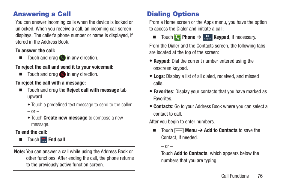 Answering a call, Dialing options, Answering a call dialing options | Samsung SGH-I317TSAATT User Manual | Page 83 / 226