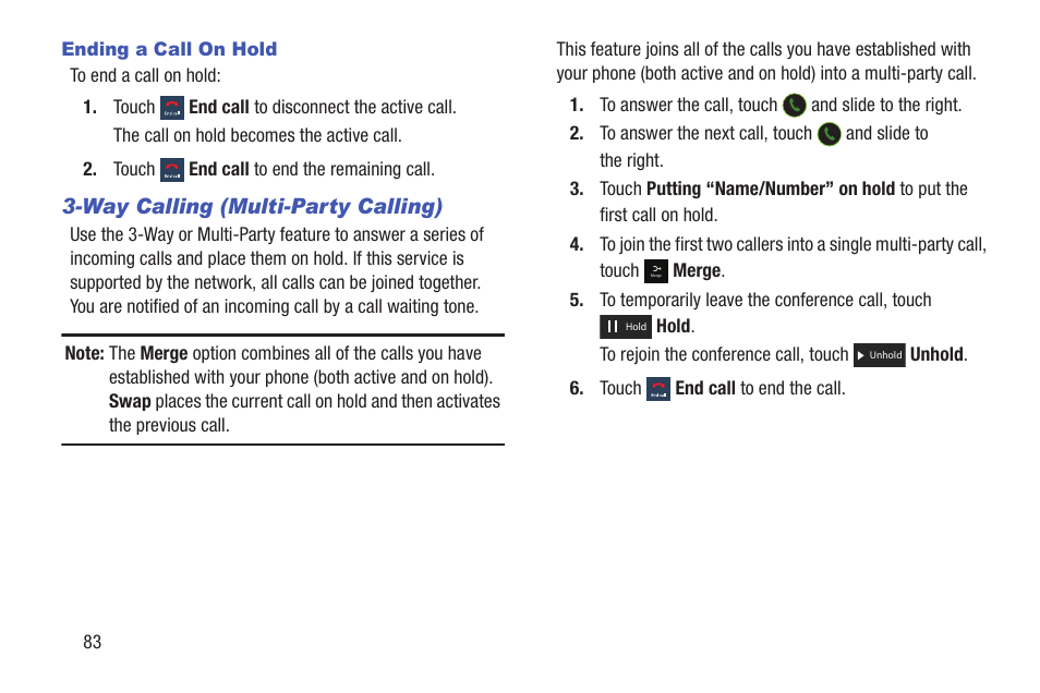 Way calling (multi-party calling) | Samsung SGH-I317TSAATT User Manual | Page 90 / 226