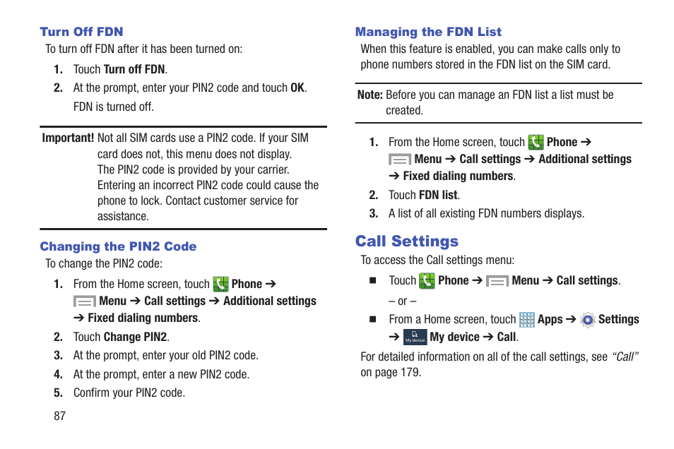 Call settings | Samsung SGH-I317TSAATT User Manual | Page 94 / 226