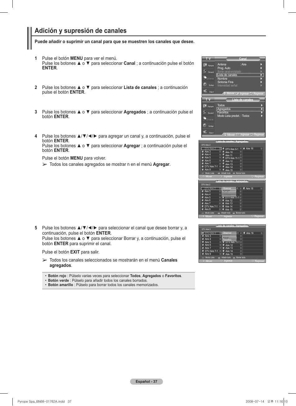 Adición y supresión de canales | Samsung PL50A440P1DXZX User Manual | Page 109 / 145