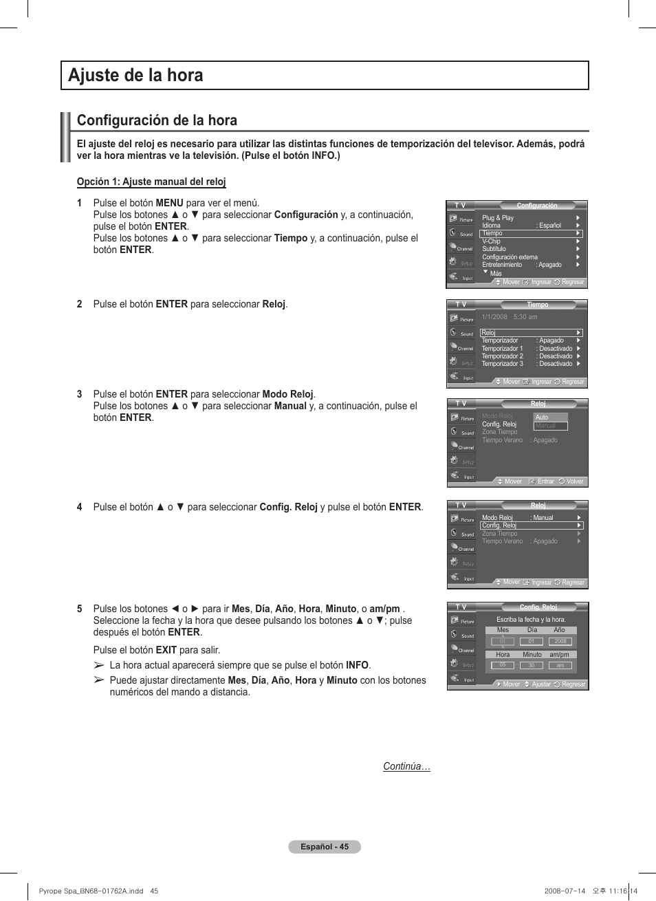 Ajuste de la hora, Configuración de la hora | Samsung PL50A440P1DXZX User Manual | Page 117 / 145