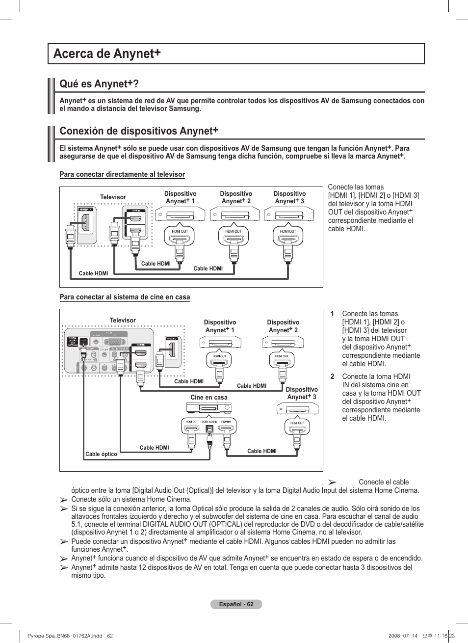 Acerca de anynet, Conexión de dispositivos anynet, Qué es anynet | Samsung PL50A440P1DXZX User Manual | Page 134 / 145