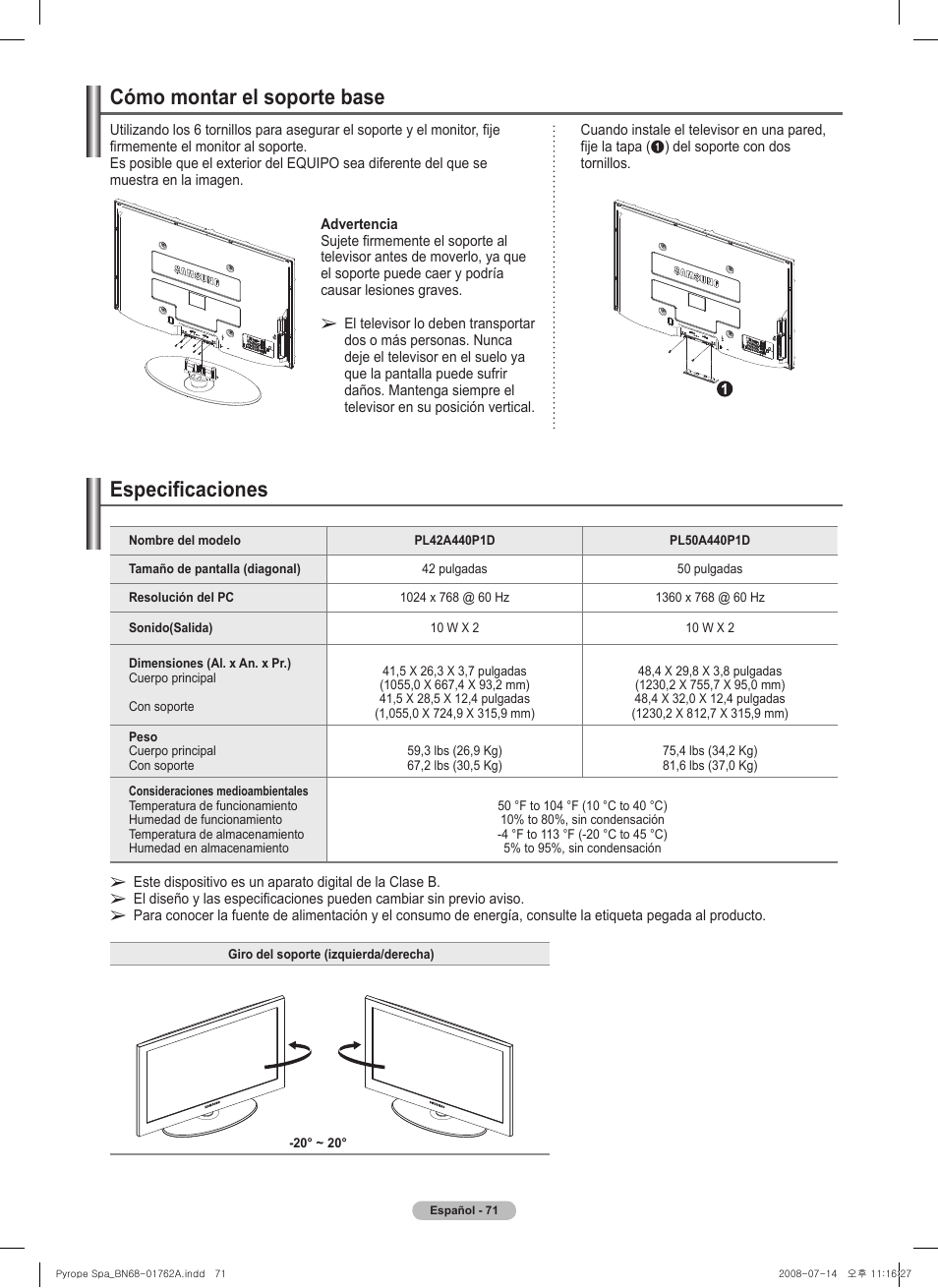 Cómo montar el soporte base, Especificaciones | Samsung PL50A440P1DXZX User Manual | Page 143 / 145