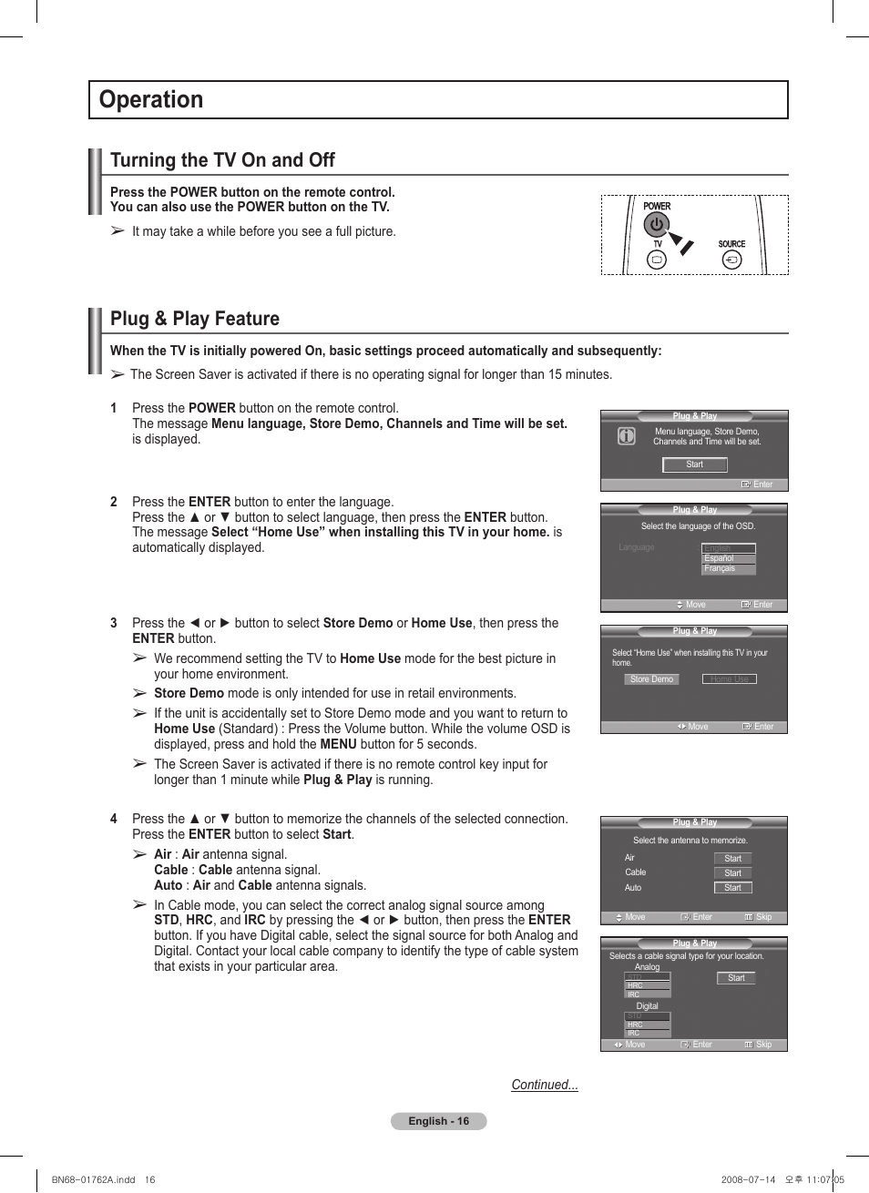 Operation, Turning the tv on and off, Plug & play feature | Samsung PL50A440P1DXZX User Manual | Page 16 / 145