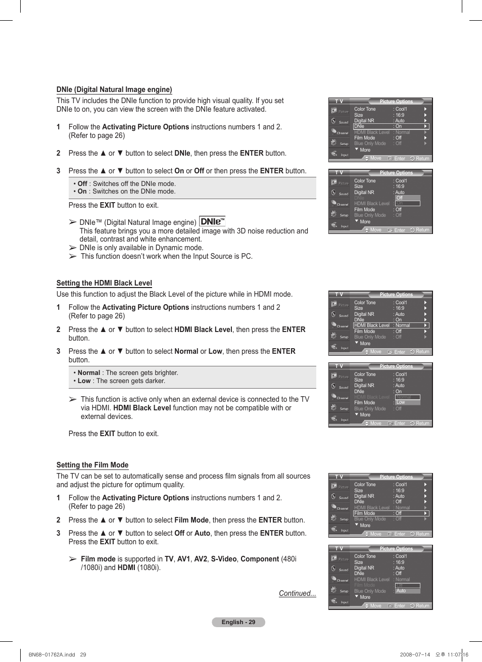 Press the exit button to exit, Dnie is only available in dynamic mode | Samsung PL50A440P1DXZX User Manual | Page 29 / 145