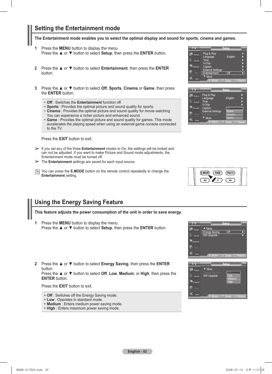 Setting the entertainment mode, Using the energy saving feature, Press the exit button to exit | Samsung PL50A440P1DXZX User Manual | Page 52 / 145