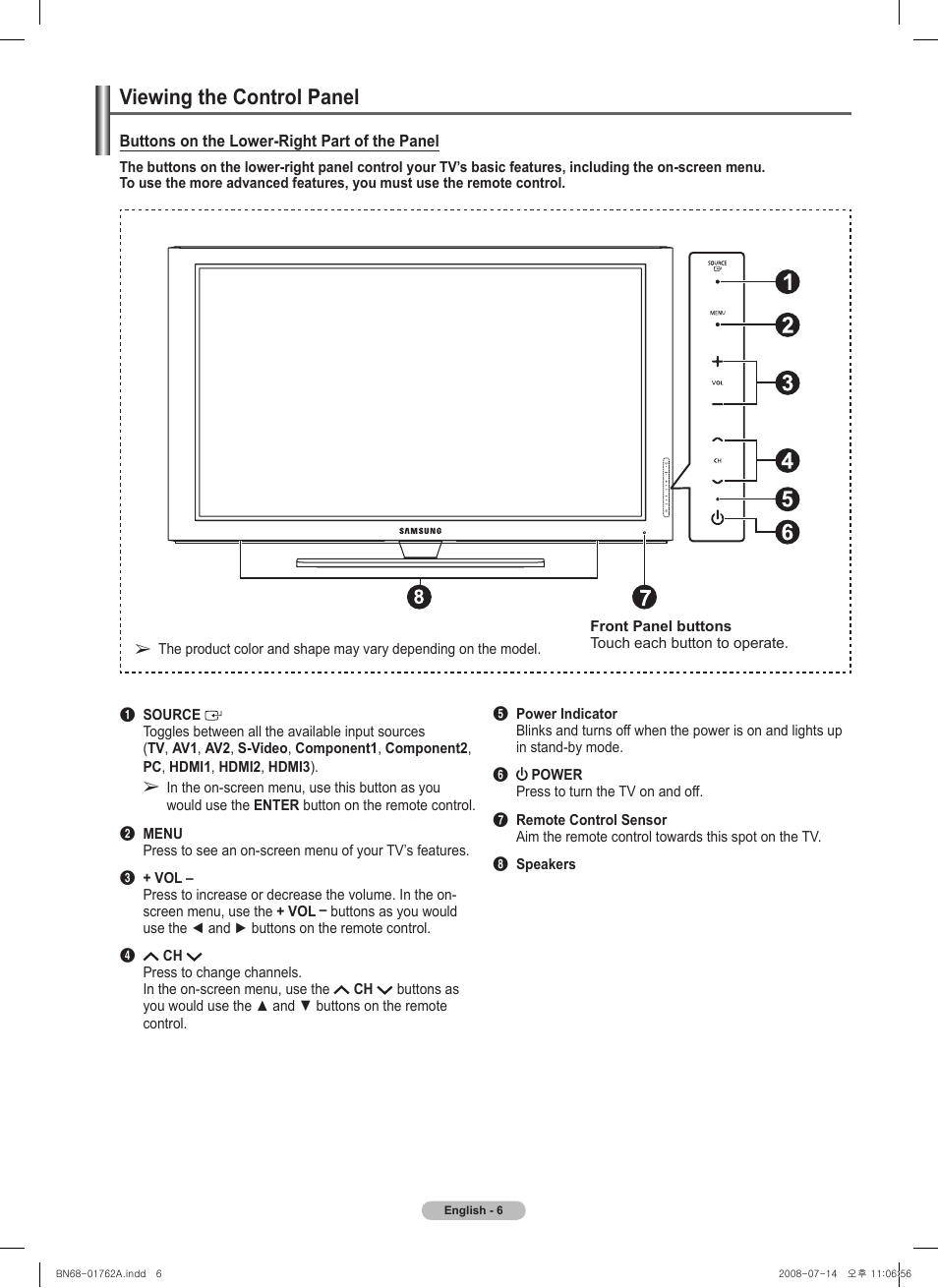 Viewing the control panel | Samsung PL50A440P1DXZX User Manual | Page 6 / 145