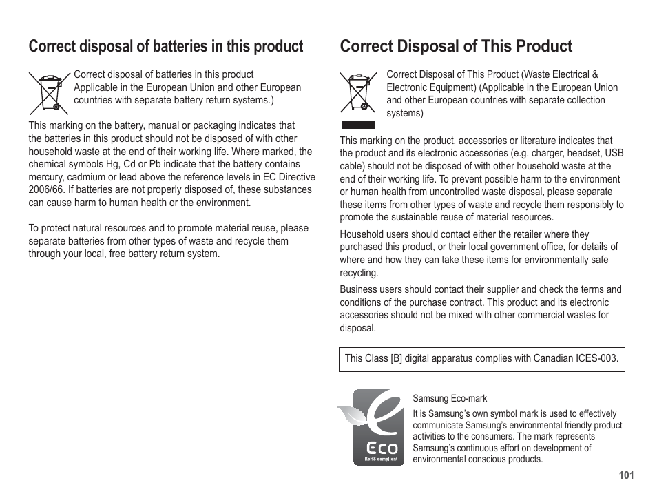 Correct disposal of this product, Correct disposal of batteries in this product | Samsung EC-PL80ZZBPSCA User Manual | Page 102 / 103