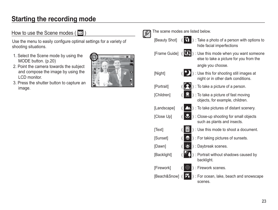 Starting the recording mode, How to use the scene modes ( ) | Samsung EC-PL80ZZBPSCA User Manual | Page 24 / 103