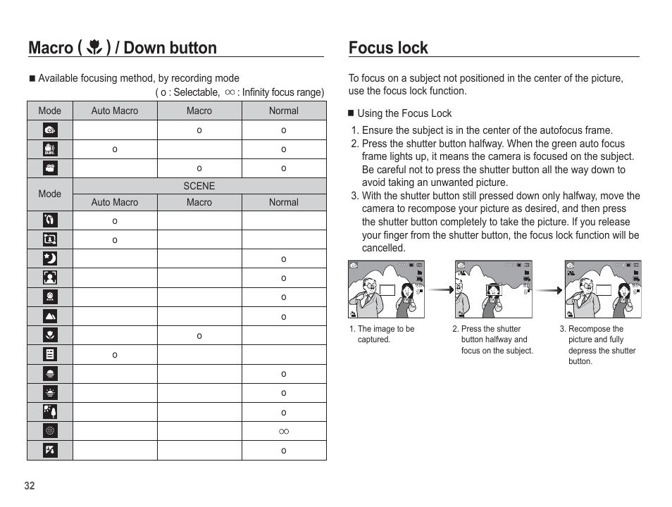 Macro ( ) / down button focus lock | Samsung EC-PL80ZZBPSCA User Manual | Page 33 / 103