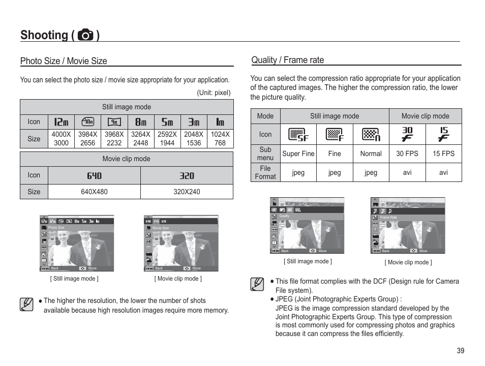 Shooting ( ), Photo size / movie size, Quality / frame rate | Samsung EC-PL80ZZBPSCA User Manual | Page 40 / 103