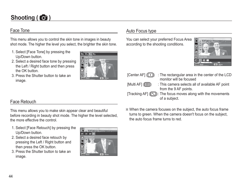 Shooting ( ), Face tone, Face retouch | Auto focus type | Samsung EC-PL80ZZBPSCA User Manual | Page 45 / 103