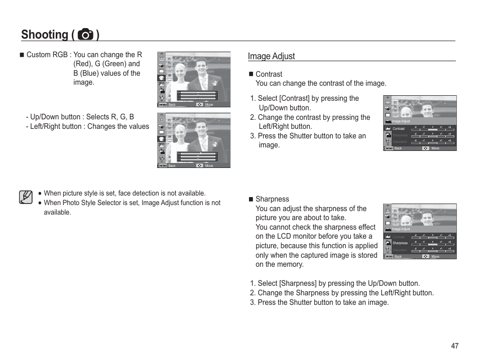 Shooting ( ), Image adjust | Samsung EC-PL80ZZBPSCA User Manual | Page 48 / 103