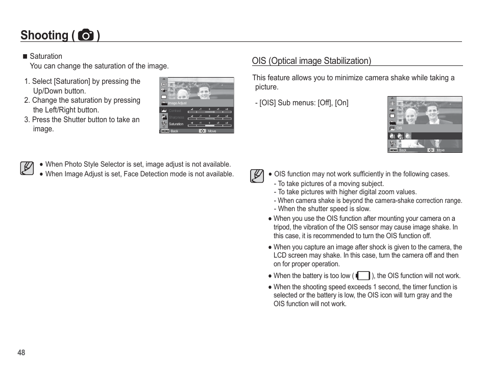 Shooting ( ), Ois (optical image stabilization) | Samsung EC-PL80ZZBPSCA User Manual | Page 49 / 103