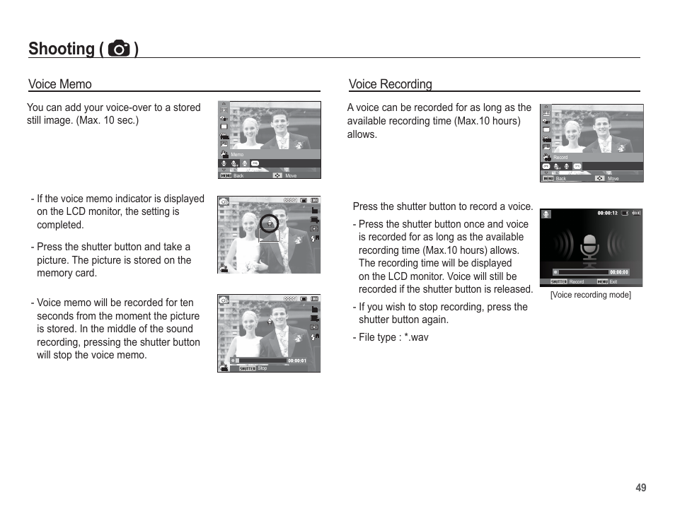 Shooting ( ), Voice recording | Samsung EC-PL80ZZBPSCA User Manual | Page 50 / 103