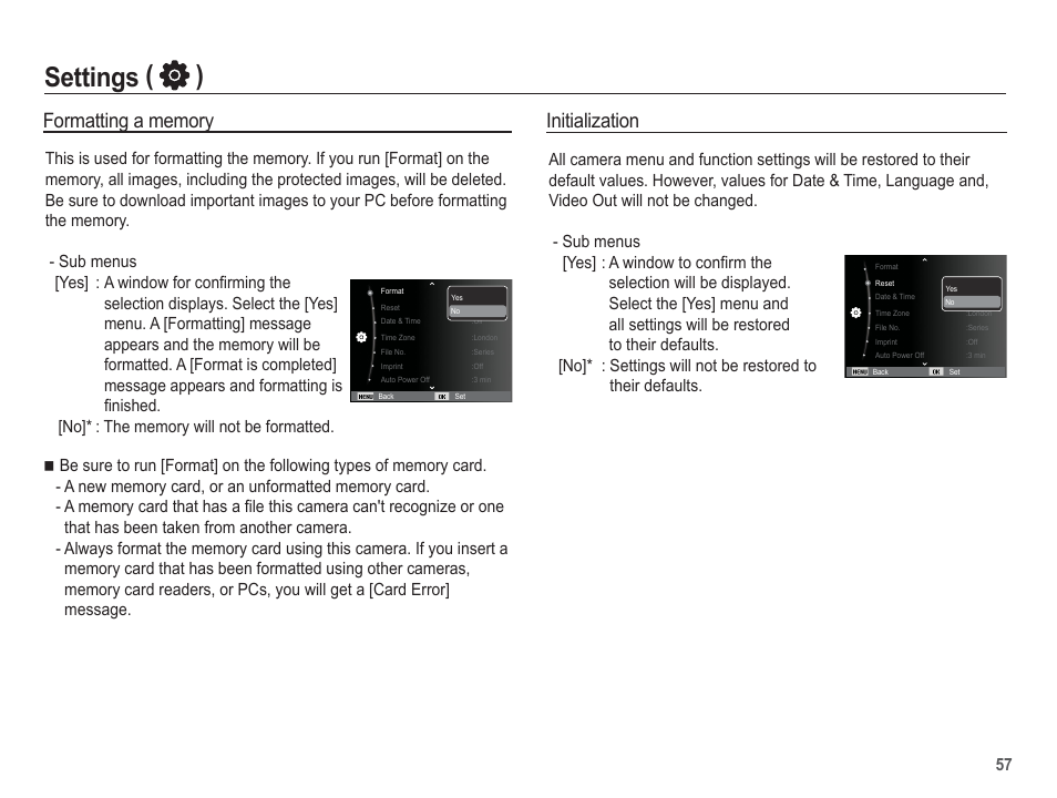 Settings ( ), Initialization | Samsung EC-PL80ZZBPSCA User Manual | Page 58 / 103