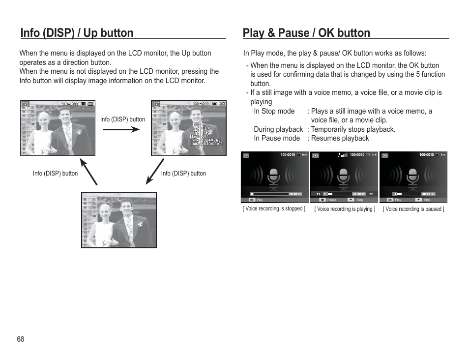 Play & pause / ok button, Info (disp) / up button | Samsung EC-PL80ZZBPSCA User Manual | Page 69 / 103