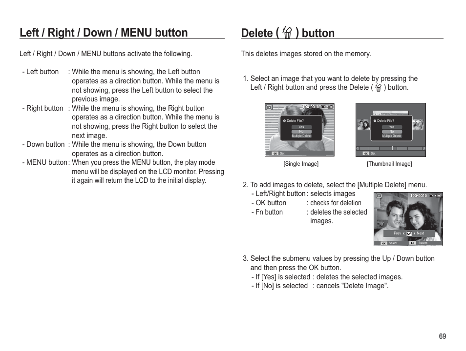 Delete ( õ ) button, Left / right / down / menu button | Samsung EC-PL80ZZBPSCA User Manual | Page 70 / 103