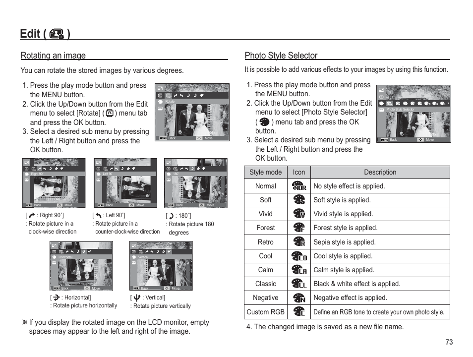 Edit ( ), Rotating an image, Photo style selector | Samsung EC-PL80ZZBPSCA User Manual | Page 74 / 103
