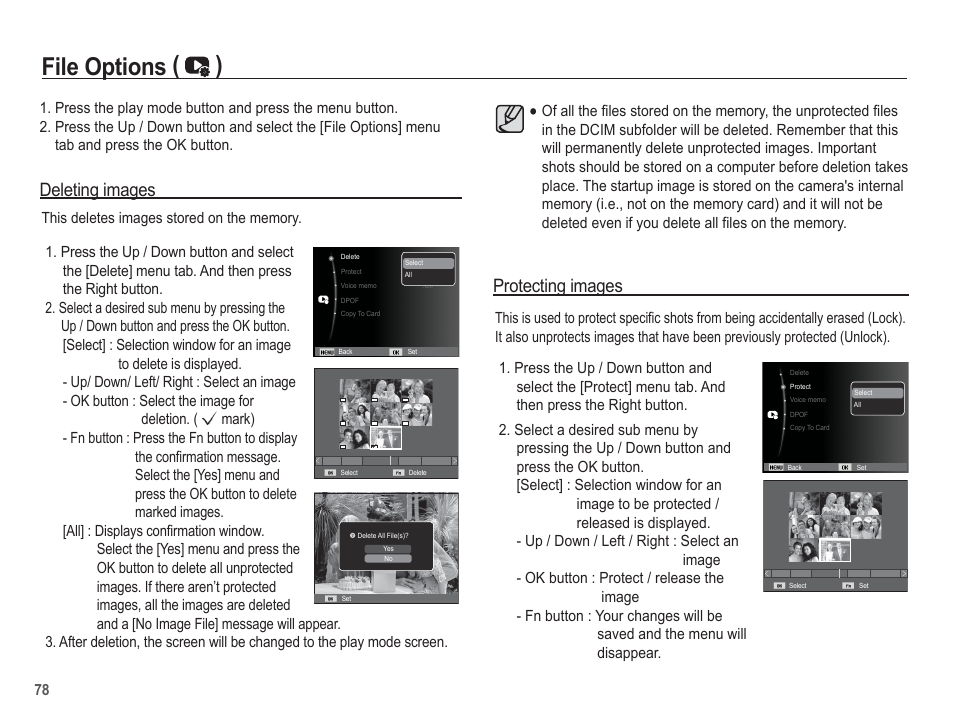 File options ( ), Deleting images, Protecting images | Samsung EC-PL80ZZBPSCA User Manual | Page 79 / 103