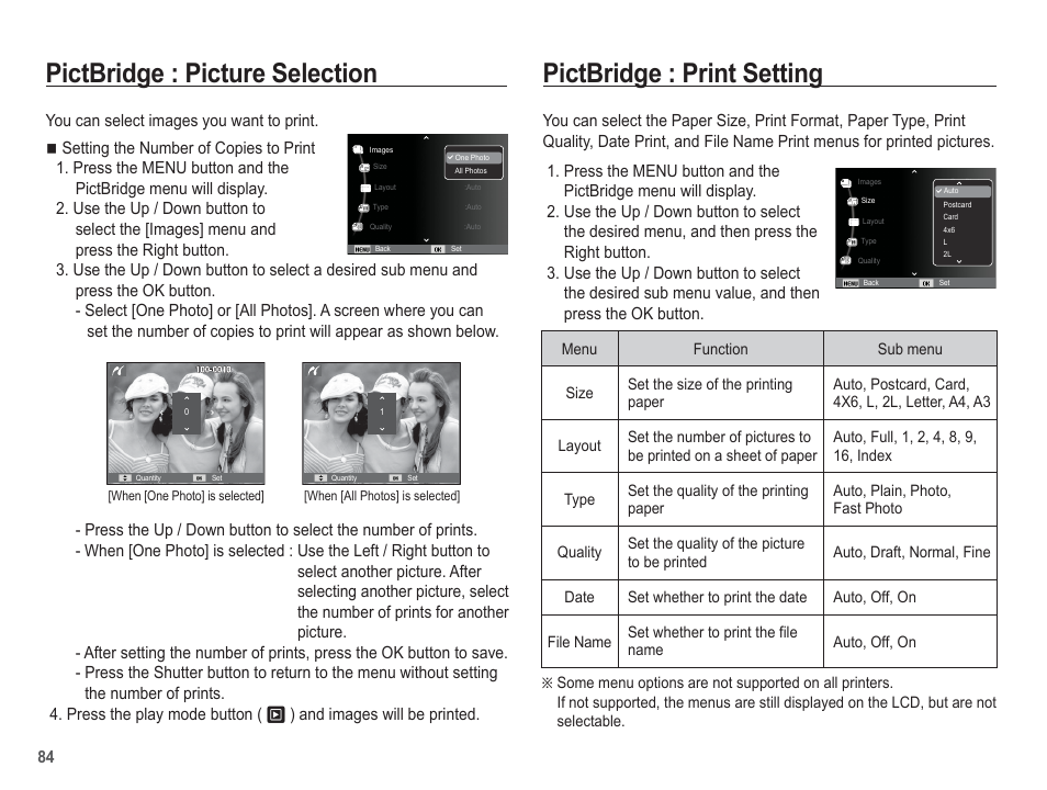 Pictbridge : picture selection, Pictbridge : print setting | Samsung EC-PL80ZZBPSCA User Manual | Page 85 / 103