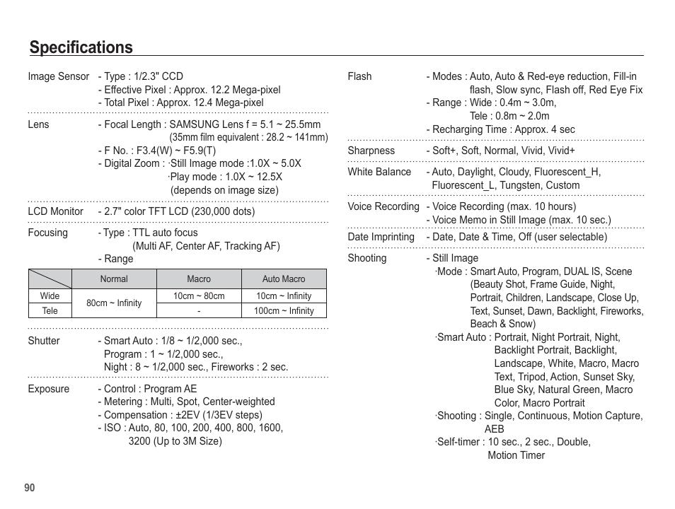 Specifications | Samsung EC-PL80ZZBPSCA User Manual | Page 91 / 103