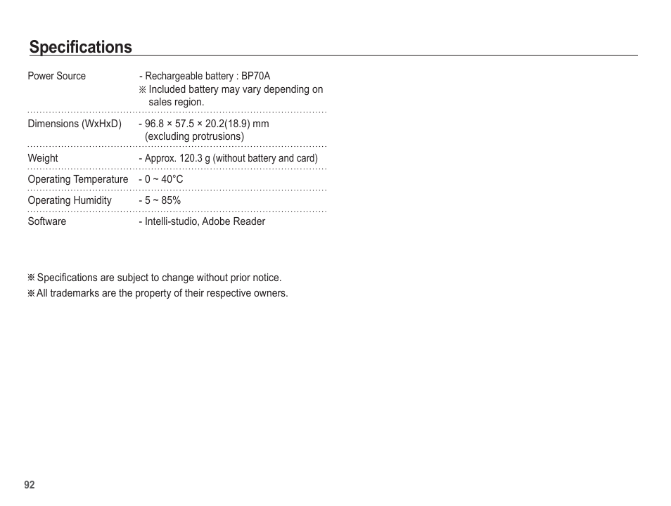 Specifications | Samsung EC-PL80ZZBPSCA User Manual | Page 93 / 103