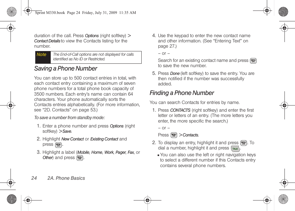 Saving a phone number, Finding a phone number | Samsung SPH-M330MBASPR User Manual | Page 38 / 160