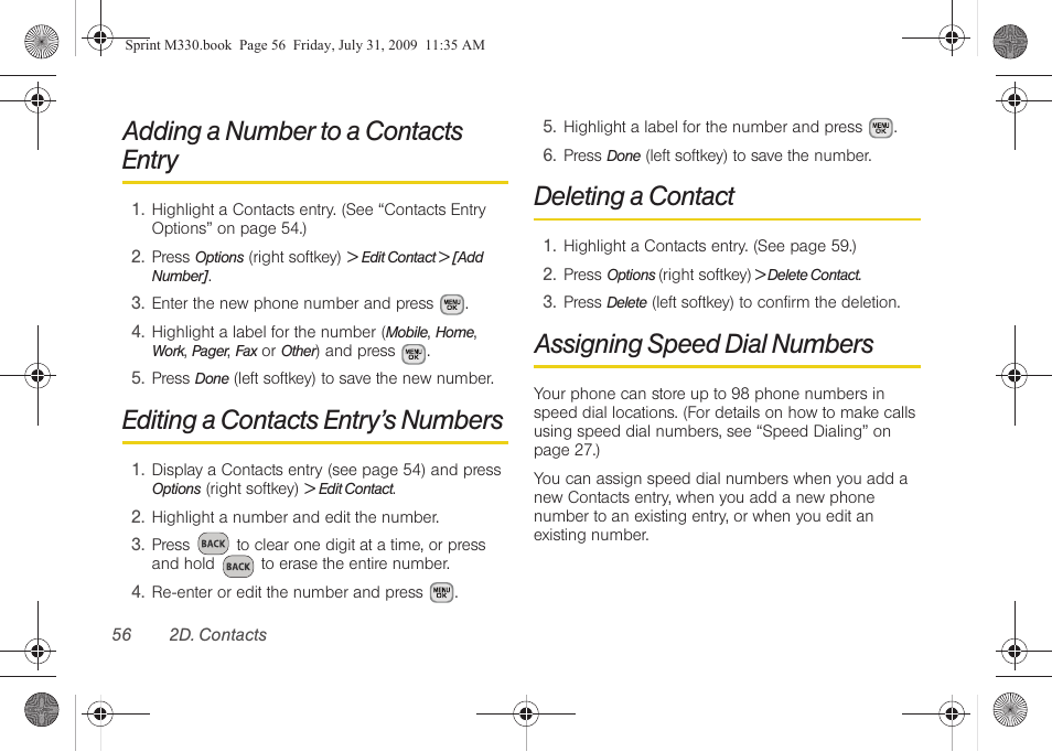 Adding a number to a contacts entry, Editing a contacts entry’s numbers, Deleting a contact | Assigning speed dial numbers | Samsung SPH-M330MBASPR User Manual | Page 70 / 160