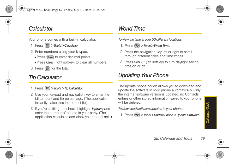 Calculator, Tip calculator, World time | Updating your phone | Samsung SPH-M330MBASPR User Manual | Page 83 / 160