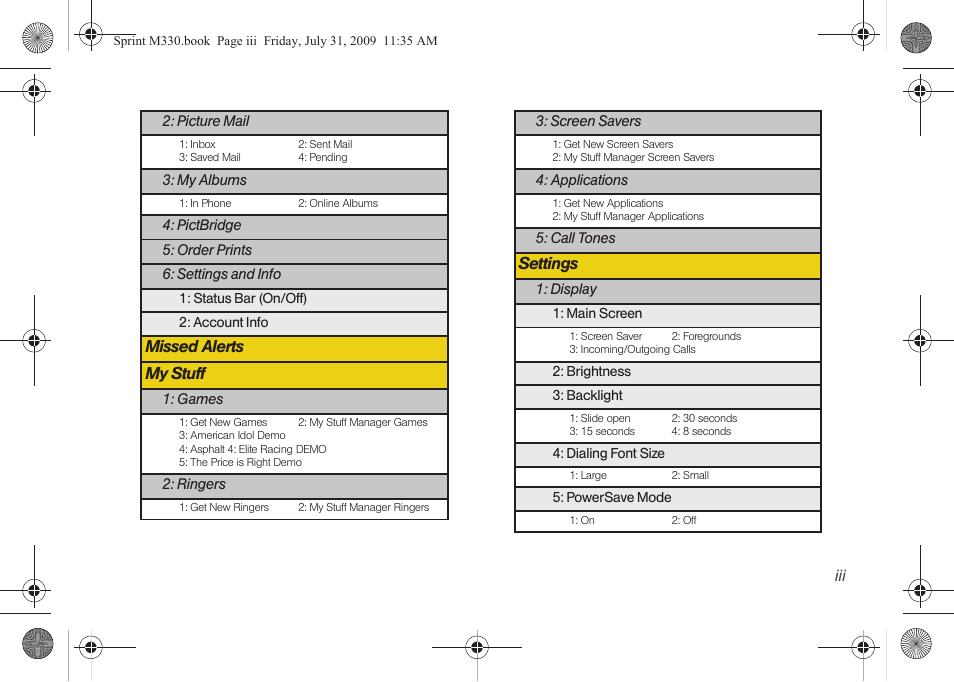 Missed alerts my stuff, Settings | Samsung SPH-M330MBASPR User Manual | Page 9 / 160